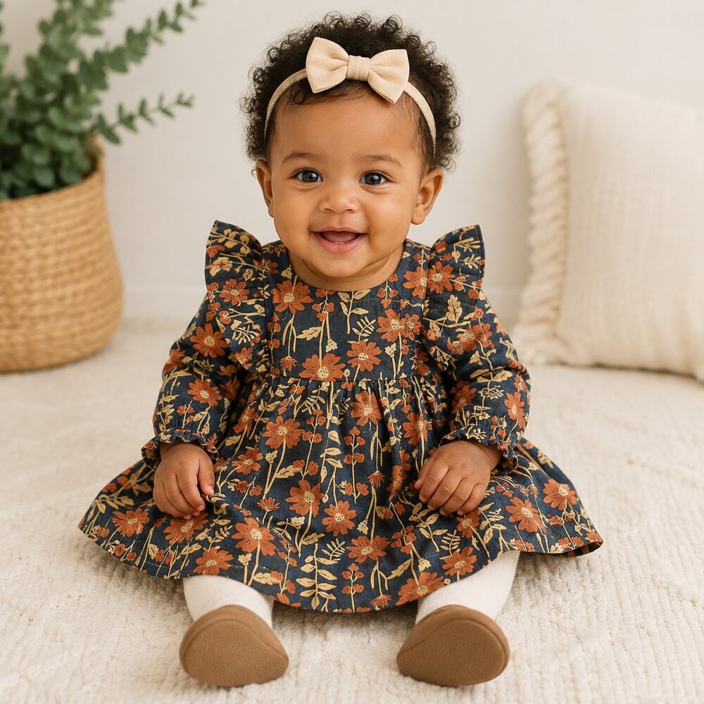 Carters Black & Orange Floral Fall Dress Size 3M Ruffles Long Sleeve NEW